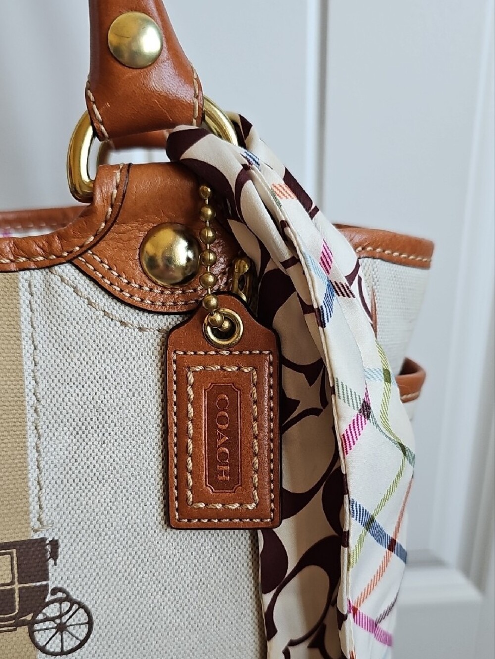 ​Coach 2007 Heritage Stripe Canvas Tattersall Tote Bag #11791 w/ Silk Scarf - Picture 3 of 15